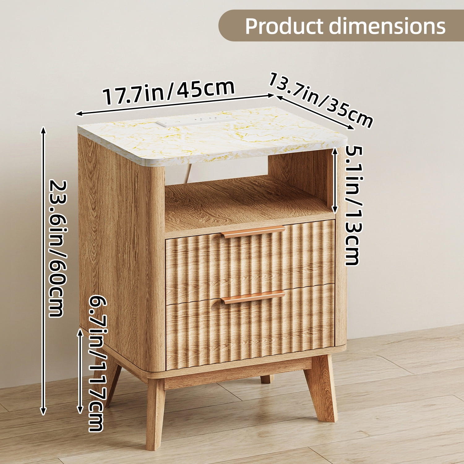 TOMNK Nightstand with Charging Station, 18" Modern Side Table with Faux Marble Top, 2 Drawers End Table w/Storage, Bedside Table for Bedroom, Living Room, Curved Profile Design, Natural Oak