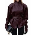 thumbnail image 2 of Women'S Faux Leather Jacket with Stand-Up Collar and Belted Waist Wine Red S, 2 of 9