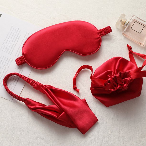 Banda para el cabello con máscara de seda artificial, bolsa de tela, máscara de ojos de almacenamiento de tres piezas, máscara de ojos para dormir, regalo
