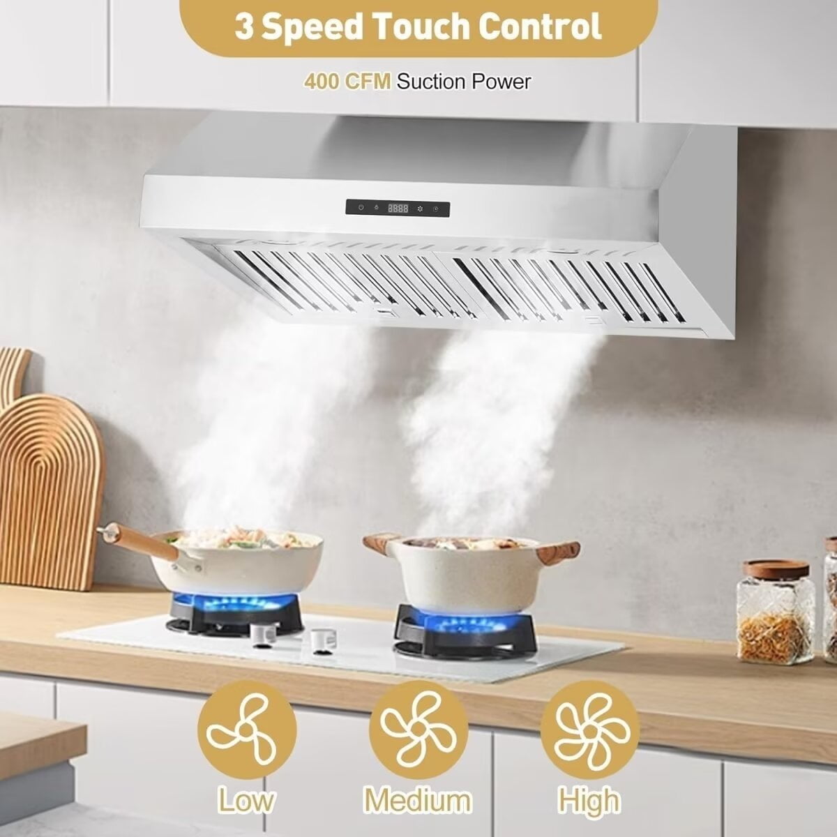 Range Hood 30 Inch, 400CFM Stainless Steel Kitchen Stove Vent Hood 3 Speed Exhaust Fan Touch, Wall Mount Range Hood with Ducted Ductless Convertible, Aluminum Filters