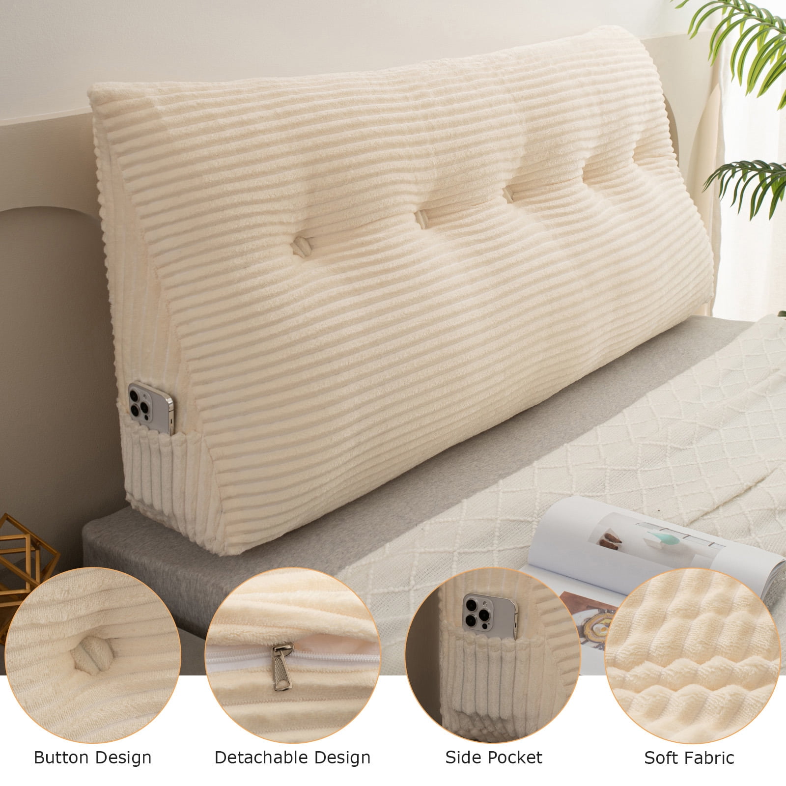 Lovote Triangular Headboard Pillow with Side Pockets, Velvet Fabric, Vertical Stripe Pattern Bed Rest Reading Pillow, Removable & Washable Cover, Daybed Wedge Pillow for Twin Beds