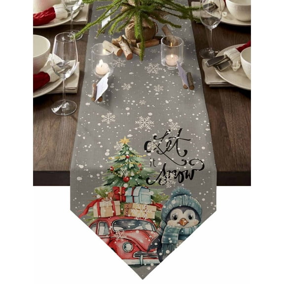 Table Runner Dresser Scarves Christmas Cute Penguin Red Car Cotton Linen Burlap Table Cover Xmas Tree Snowflake on Grey Table Runners for Family Kitchen Dining Holiday Party Banquet Decor