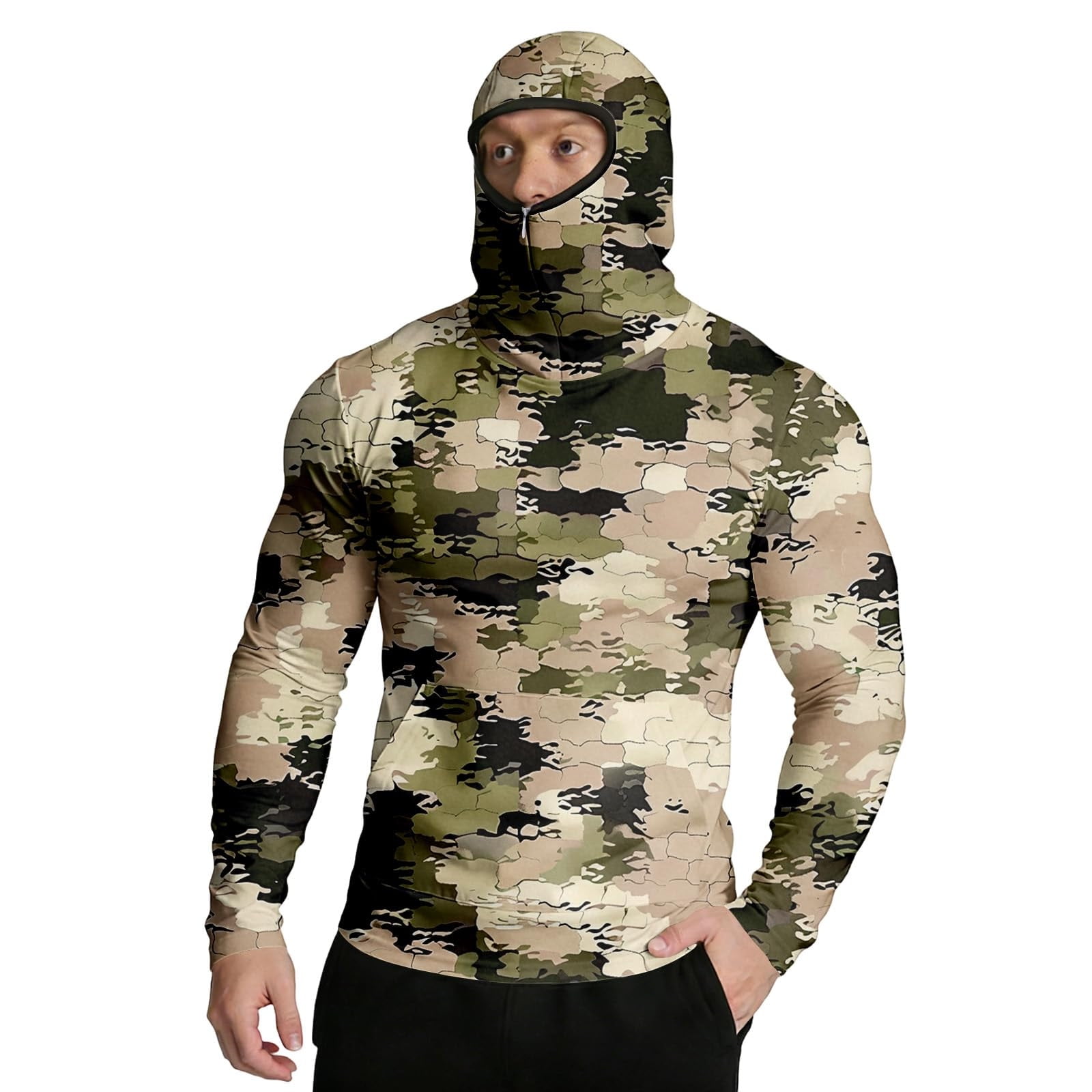 DPTALR Men s Digital Camo Balaclava Hooded Shirt,UPF 50+ Sun Protection Face Cover,Quick Dry Long Sleeve Top,with Thumb Holes,for Hunting,Hiking Multicolor Big Men s Tall Men s S