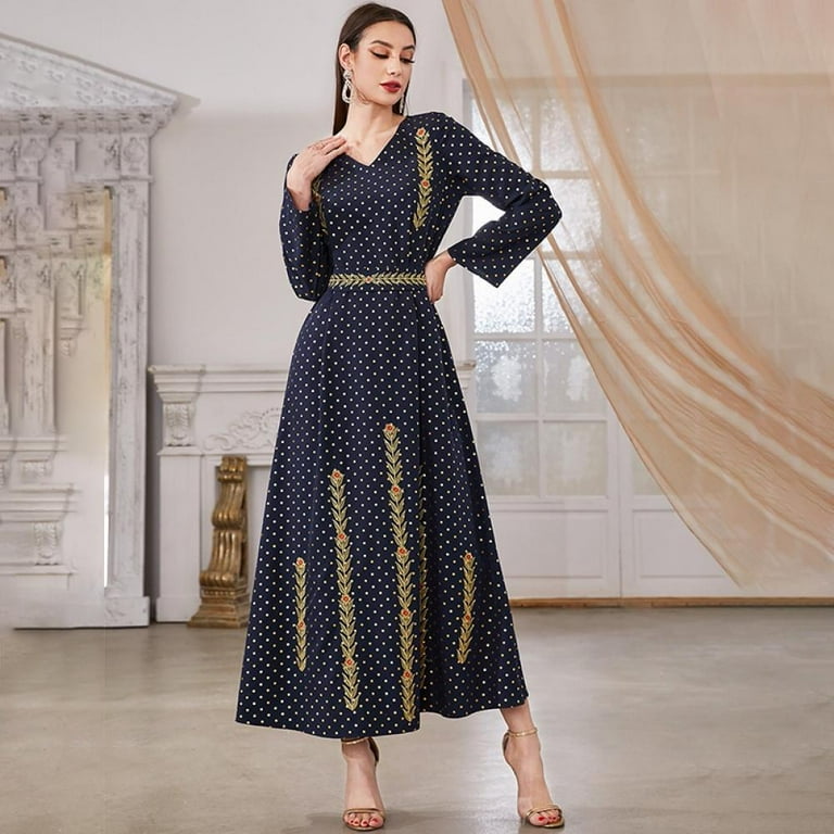 Women Muslim Arab Robe Navy Blue Embroidered National Polka Dot Print Long  Sleeves Tie Fashion Four Seasons Long Skirt - Walmart.com