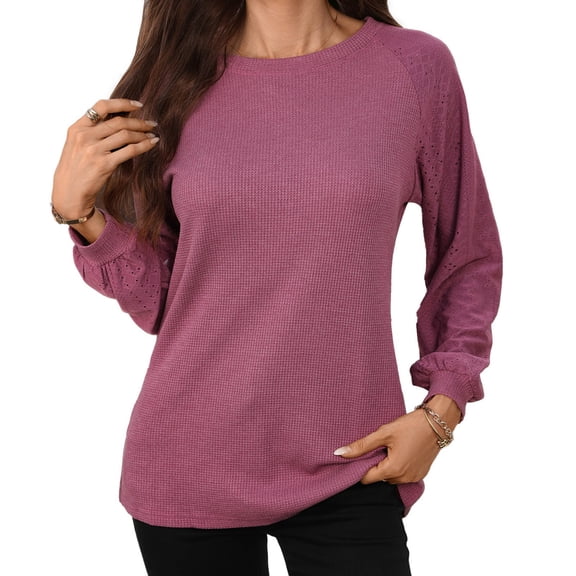 Setooff Waffle Knit Long Sleeve Blouses for Women, Round Neck Eyelet Raglan Shirts, Solid Loose Plus Size Casual Fall Tops for Women