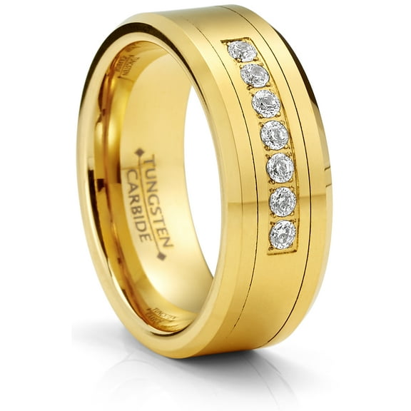 Metal Masters Tungsten Carbide Mens Ring Wedding Band Goldtone Simulated Diamond Cz Cubic Zirconia 8mm Comfort-Fit Black