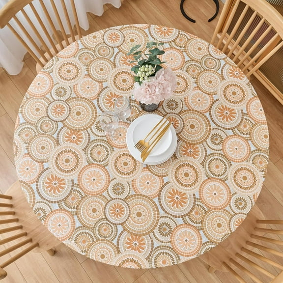 Round Fitted Vinyl Tablecloth with Flannel Backing, Elastic Edge Waterproof Table Cloth Plastic Table Cover for Indoor & Outdoor