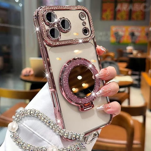 Sparkling Diamond Women's Phone Case with Mirror & Stand for iPhone 17Promax,Luxury Glitter Rhinestone Protective Case with Magnetic Stand Lanyard for iPhone (Pink)