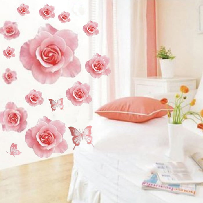 Taciwaz Flowers Wall Sticker Pink Rose with Butterflies Removable Wall Decal for Sofa Background Bedroom Living Room Kids Room Decoration 