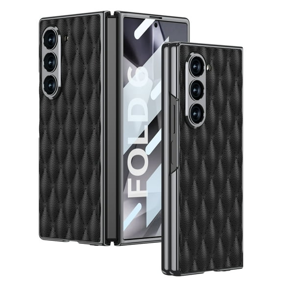 Dteck Case for Samsung Galaxy Z Fold 6,Luxury Leather Case Plating PC Built-in Front Screen Protector Cover for Galaxy Z Fold 6 5G,Black