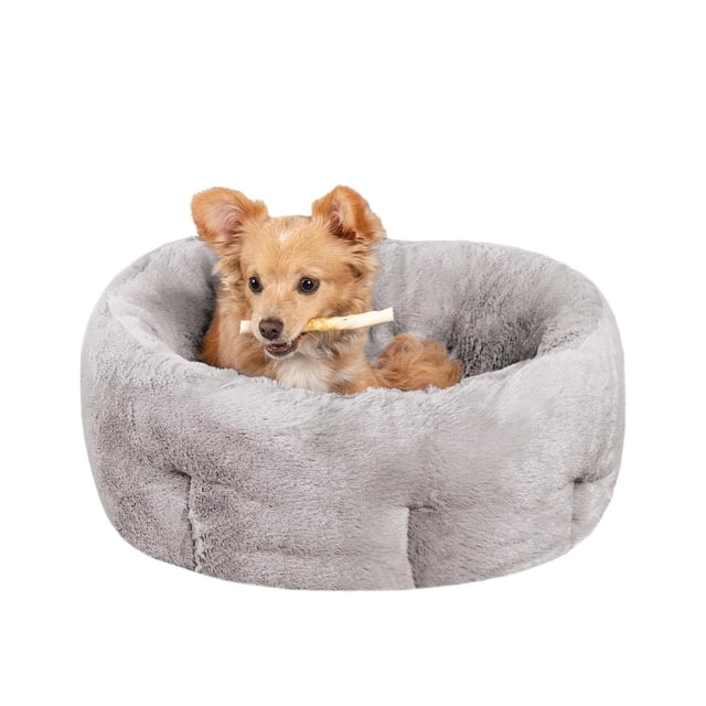 Cama Redonda para Perro Pequeño Furhaven Gris Lujo Autocalentable de Imitación de Piel Lavable
