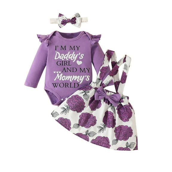 Zwiiyzr 0-18M Newborn Baby Girl Outfit Long Sleeve Cotton Romper + Bow Suspender Skirt + Headband Set Infant Fall Winter Baby Clothes Purple