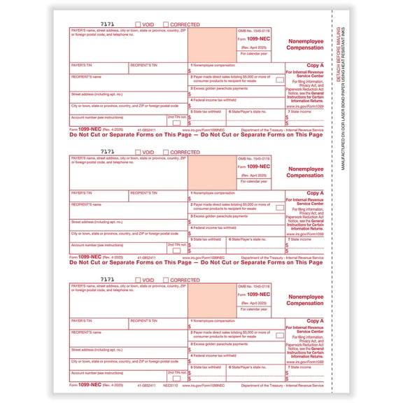 ComplyRight 2025 1099-NEC Tax Form 1-Part 3-Up Federal Copy A 50/Pack (NEC511050)