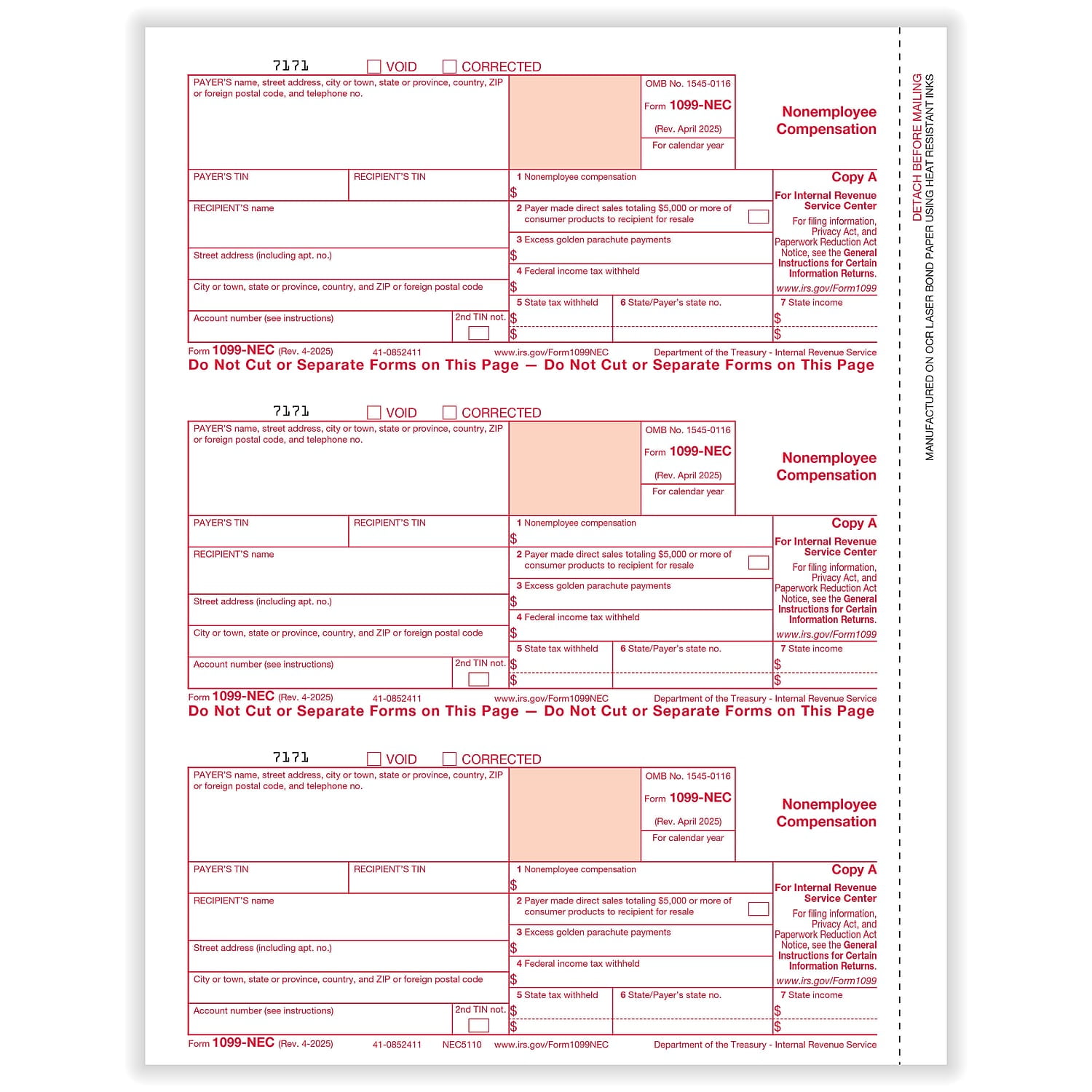 ComplyRight 2025 1099-NEC Tax Form 1-Part 3-Up Federal Copy A 50/Pack (NEC511050)