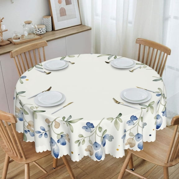 Blue Wildflower Minimal Wreath Round Tablecloth Waterproof Oil-Proof Plastic Table Cloth Stain-Resistant Wipeable 60" for Camping, Dining, Indoor and Outdoor
