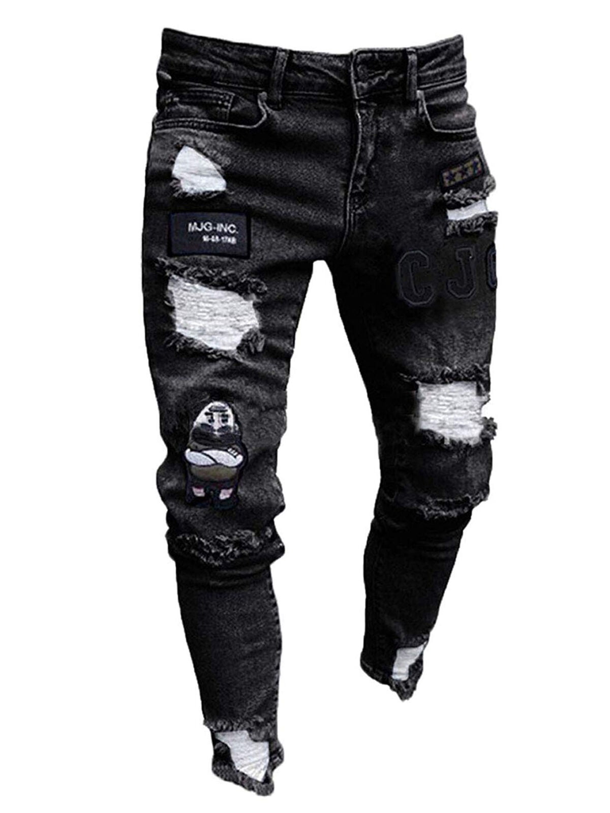 Men's Ripped Jeans Super Skinny Slim Fit Denim Pants Destroyed Frayed Trousers 