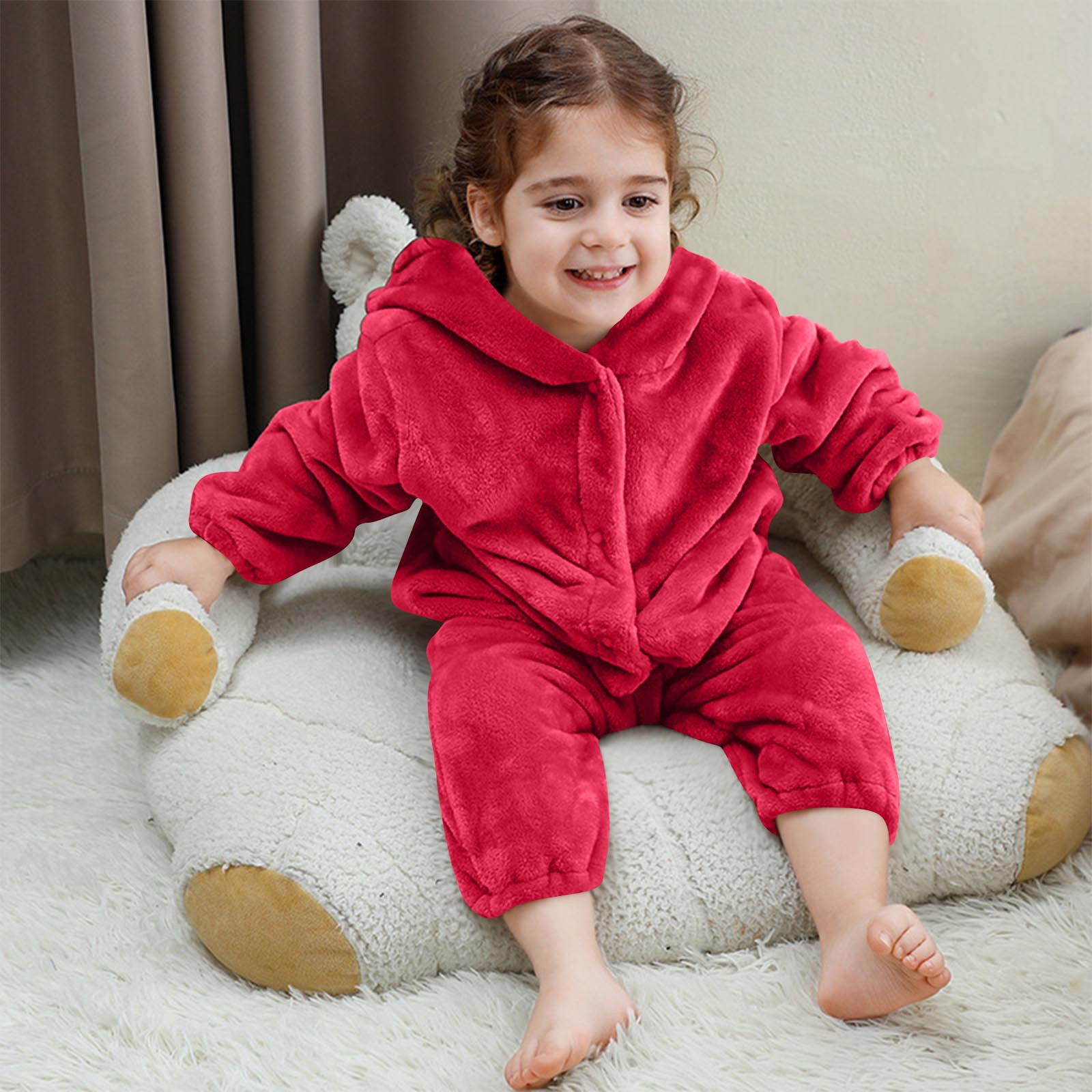 Paiwinds Girls' Fleece Hooded Jumpsuit Pajamas for Toddler & Kids (3M-6Y) Winter Warm Bear Costume One-Piece Sleepwear with Buttons, Soft Long Sleeve Romper for Home & Holiday