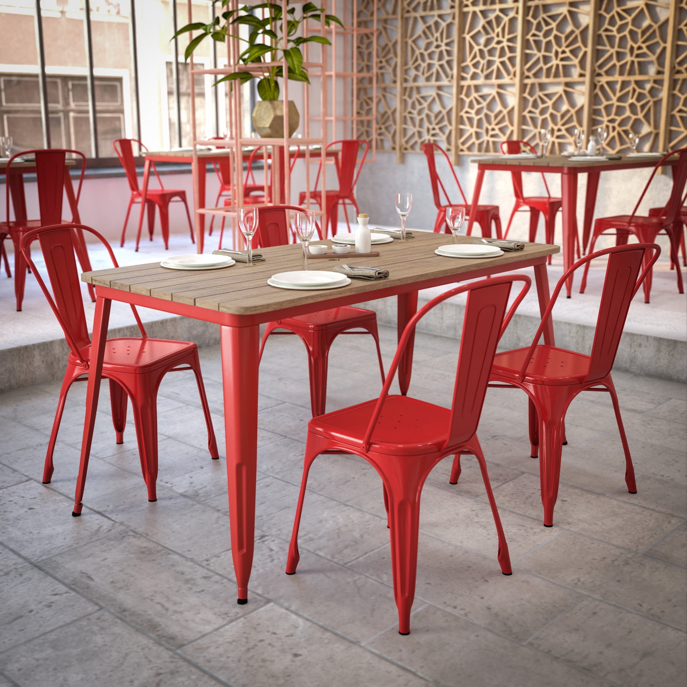 Flash Furniture Declan Commercial Indoor/Outdoor Dining Table with Umbrella Hole, 30" x 60" All Weather Brown Poly Resin Top and Red Steel Base