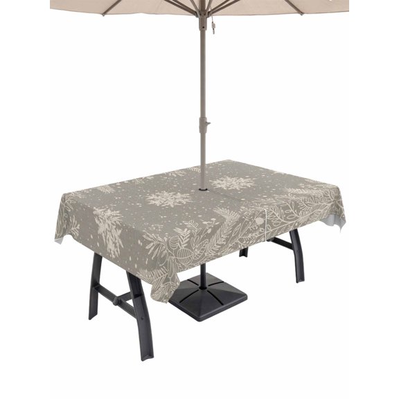 Outdoor Tablecloth with Umbrella Hole and Zipper, Christmas Snowflakes Rectangle Table Cloth 60x84 Inch Waterproof Tablecloth, Winter Xmas Pine Leaf Grey on Linen Picnic Table Cover for Patio Camping