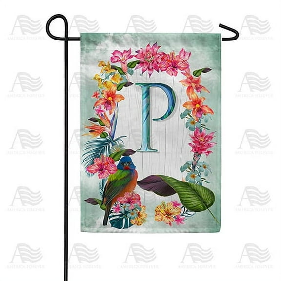 America Forever Summer Floral Wreath Monogram Garden Flag Letter P 12.5 x 18 inches Parrot Macaw Hibiscus Palm Leaves Double Sided Vertical Outdoor Yard Lawn Decorative Tropical Garden Flag