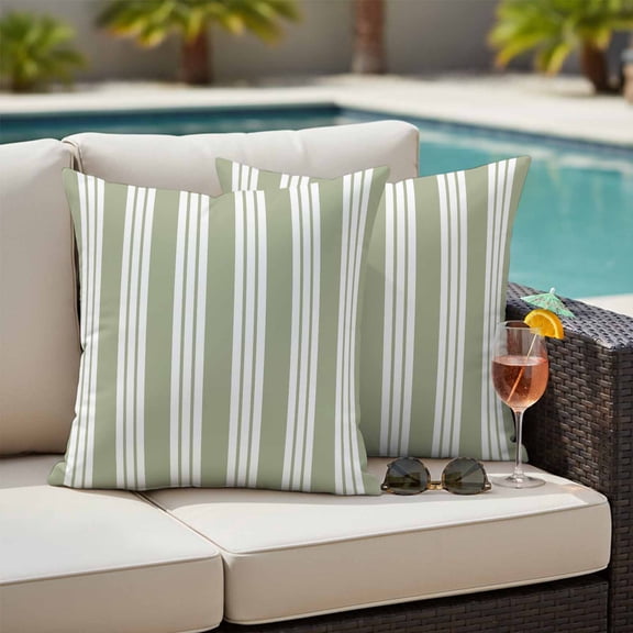 Striped Sage Green Outdoor Pillow Covers 24x24 Inch Throw Pillow Covers Set of 2 Waterproof Decorative Pillow Cases Farmhouse Line Stripes Classic Cushion Covers for Patio Furniture Garden Couch Sofa