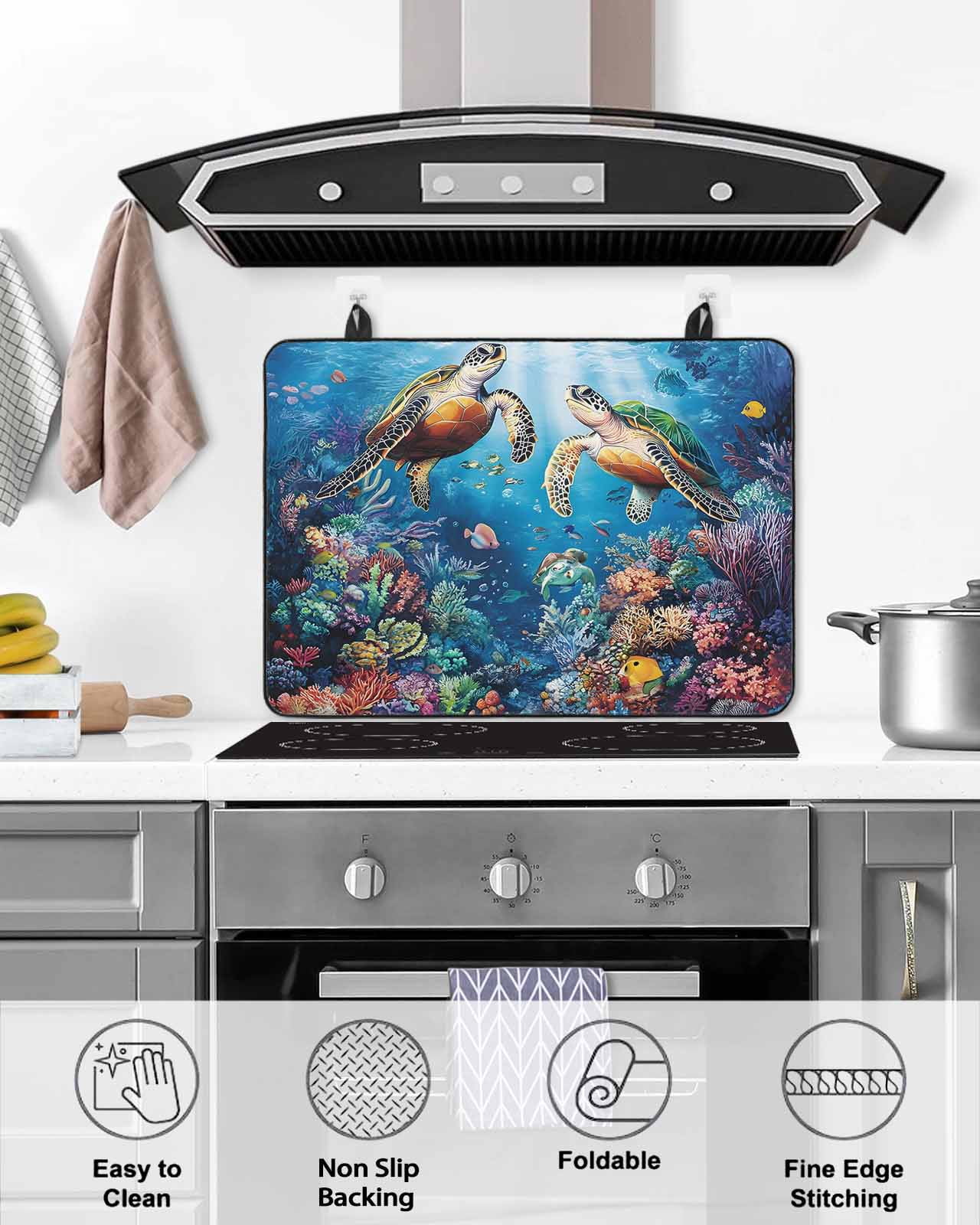 nqOlkjepod Large Induction Cooktop Protector Mat 24"x21", Ocean Turtle Stove Top Covers for Electric Stove, Sea Coral Underwater Animal Fish Blue Stove Burner Cover Mats, Glass Top Stove Cover