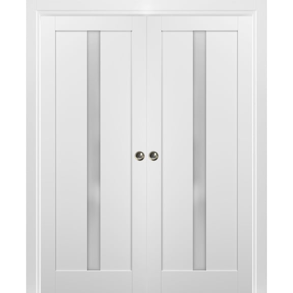 French Double Pocket Doors 56 x 80 with Frames | Quadro 4112 White Silk with Frosted Opaque Glass | Kit Trims Rail Hardware | Solid Wood Interior Pantry Kitchen Bedroom Sliding Closet Sturdy Door