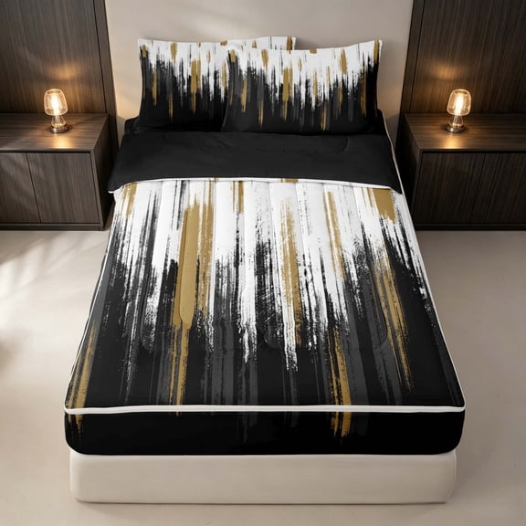 Erosebridal Black White Gold Zipper Twin Comforter Sets with Fitted Sheet and 2 Pillowcases, Oil Painting Ombre Zipper Bedding Set, Black Reversible