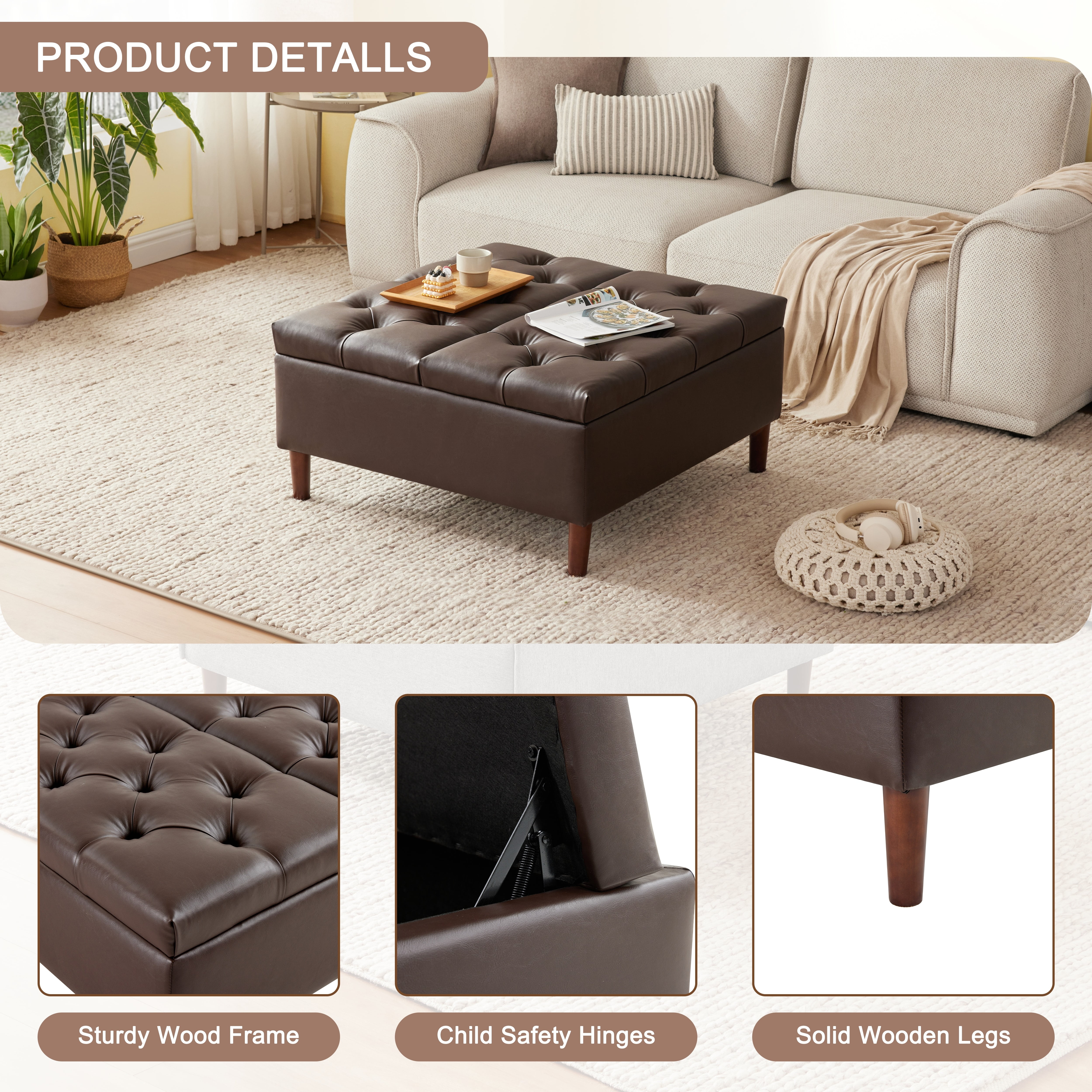 Weture Leather Oversized Square Storage Ottoman, Tufted Upholstered, No Assembly Required, 35 Inch, Brown