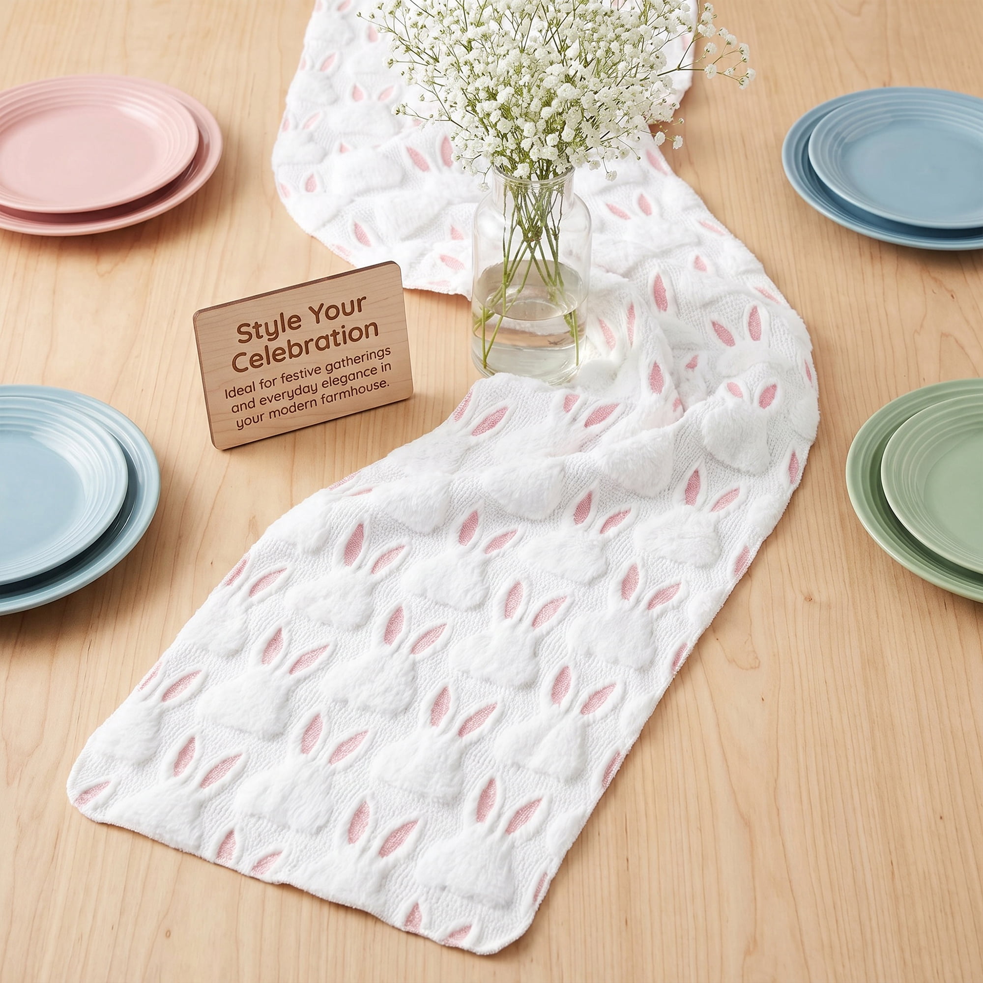 Unique Bargains Rabbit Kitchen Runner Table Runner for Decorations Pink 13"x72"