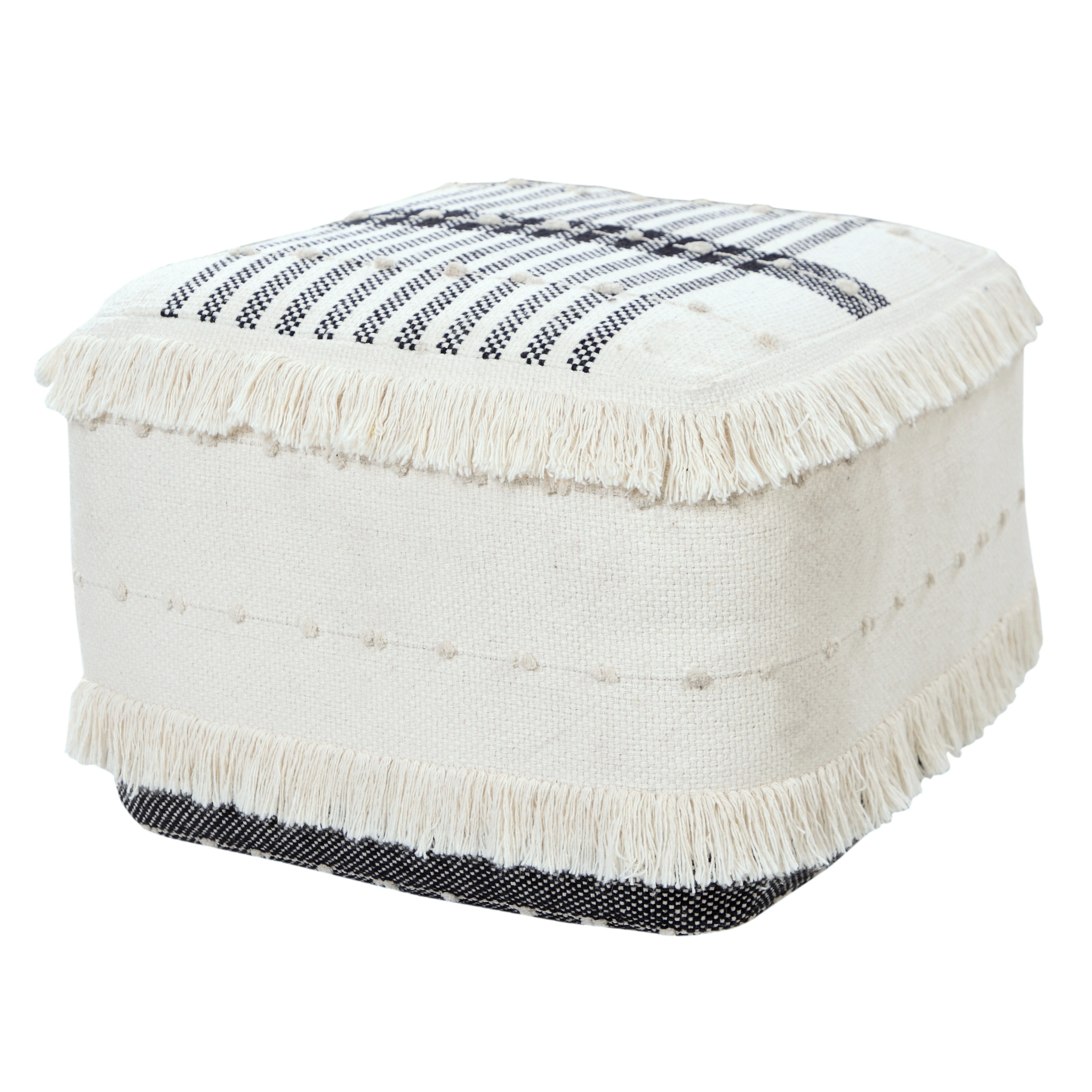 LR Home Small Fringe Striped Indoor Square Pouf, White/Black, 18" x 18" x 14"