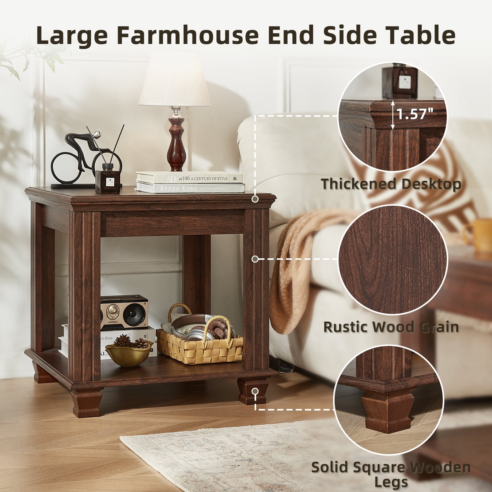 Buildhom Farmhouse End Table, Large 2-Tier Side Table with Storage Shelf, Rustic Brown Square Tea Table for Living Room, Walnut