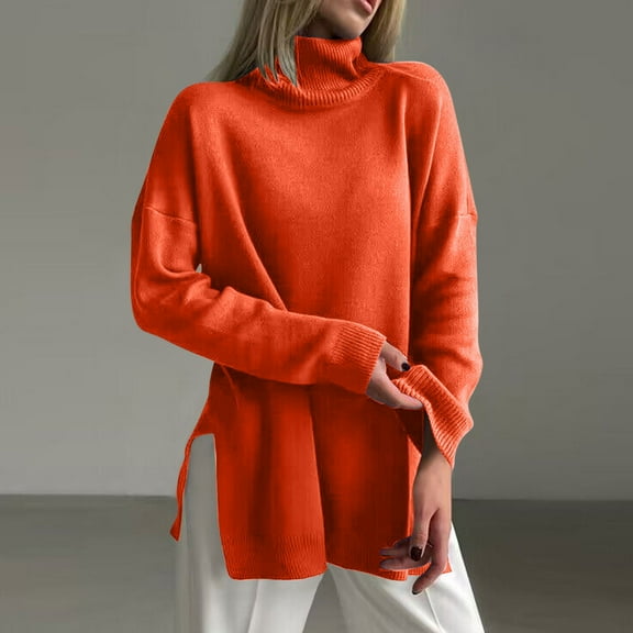Qetyuw Solid Color Turtleneck Sweaters for Women Oversized Drop Shoulder Long Sleeve Sweater Casual Chunky Jumper