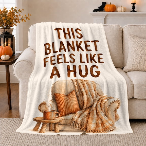 Armchair with Mug and Hug Quote, Warm Painterly Style for Cozy Style Fans, Cozy Autumn Chair Scene, Flannel Blanket for Living Room and Reading Nook, Birthday Gift and Comfort Home Decor