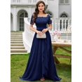 thumbnail image 3 of Blue Floral Lace Boat Neck Chiffon Maxi Dress With Ruffle High-Low Hem, 3 of 29