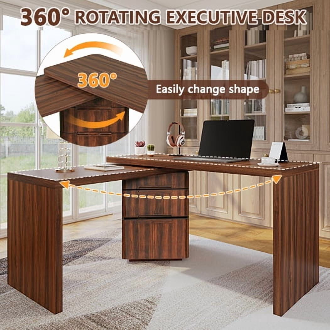90" Modern L Shaped Desk in Walnut with 3 Drawers,360° Wood Rotating Desk,Executive Office Desk,Corner Desk,Office Study Workstation,for Home Office or Living Room