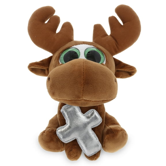 DolliBu Sparkle Eyes Moose Stuffed Animal with Silver Cross Plush - Religious Baby Baptism Gifts for Boys and Girls, Cute Dedication Christening Gifts Plush Prayer Toy Healing Teddy Bear - 6 Inches
