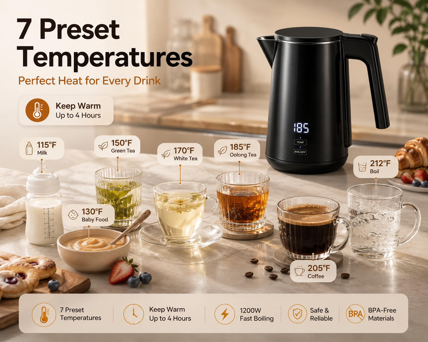 Amumu Electric Kettle 1L with Temperature Presets, Black photo 2