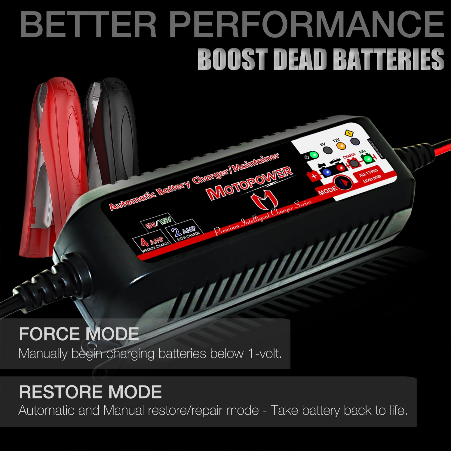 MOTOPOWER 6V and 12V 4AMP Automatic Smart Battery Charger, Battery Maintainer, Battery Desulfator with Force Charging Recondition Mode