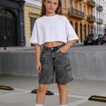thumbnail image 2 of Girls Cargo Denim Shorts High Waist Wide Leg Jean Shorts Trendy Summer Outdoor Jorts with Pockets for 8-14 Years, 2 of 5