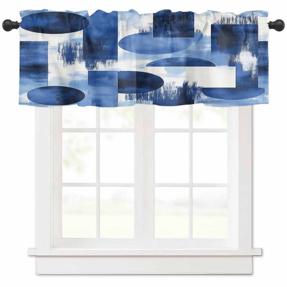nqOlkjepod Blue White Farmhouse Short Window Curtain Valances, Geometric Abstract Vintage Art Aesthetic Rod Pocket Kitchen Valances for Living Room Bedroom Bathroom Cafe, 1 Panel - 60" x 18"