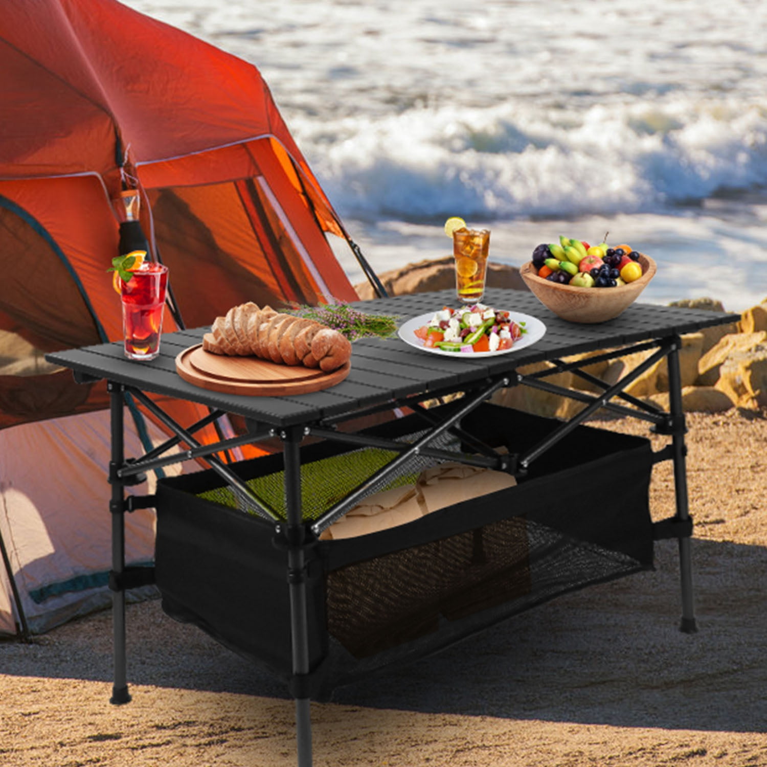 Roll-Up Camping Table Lightweight Aluminum Portable Table with Steel Frame Storage Basket 220lbs Capacity for Outdoor Dining BBQ