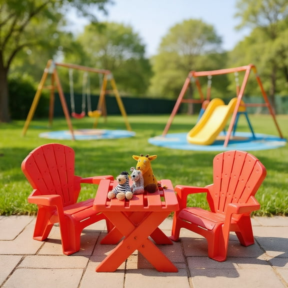 Resenkos 3-Piece Plastic Children Play Table Chair Set-Red, Small Folding Table for Arts & Crafts, Snack Time, Homeschooling, Homework