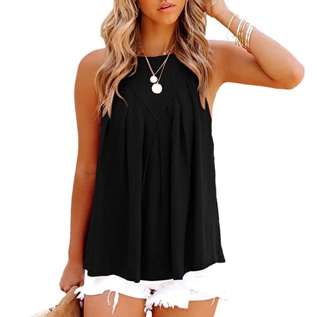 Camisetas sin mangas de cuello alto para mujer, chaleco informal suelto de verano, sin mangas, espalda cruzada fluida, botón trasero para entrenamiento en la playa