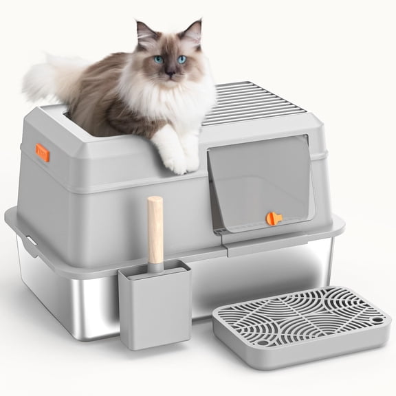Removable Stainless Steel Cat Litter Box with lid, Side & Top Entry Kitty LitterBox,Cat Litter Box Enclosure, XL Extra Large High-Sided Metal Cat Box with Scoop, Footboard(Grey)