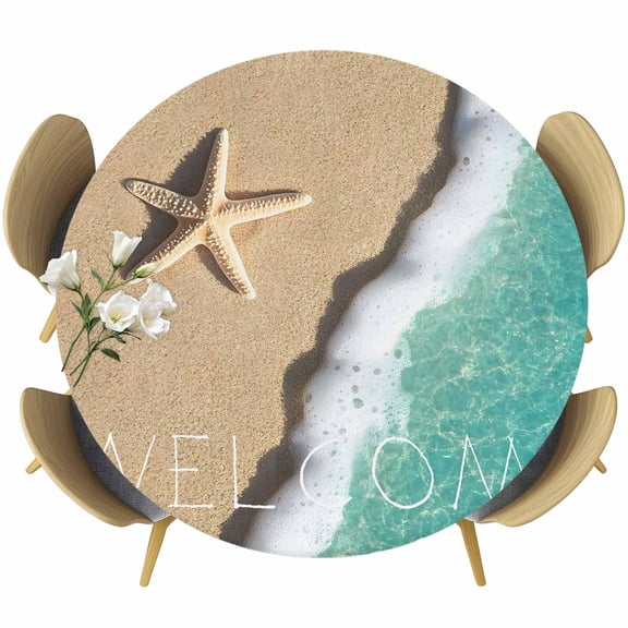 Blue Beach Summer Round Tablecloth 55-60 Inch Round Fitted Table Cloth with Elastic Edge, Starfish Coastal Waves Natural Waterproof Table Cover Protector for Outdoor Picnic Party Dining