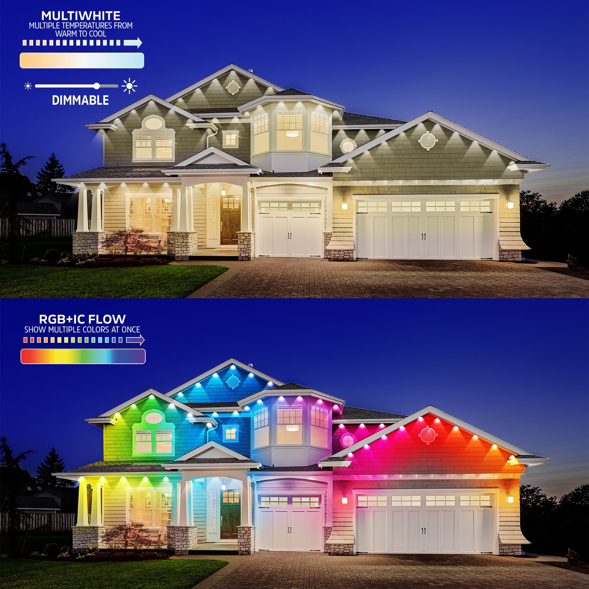 Energizer Smart WiFi Outdoor RGB+IC Eaves LED String Lights, Weatherproof, 100 ft, for Christmas, Halloween, Party, Gameday and More