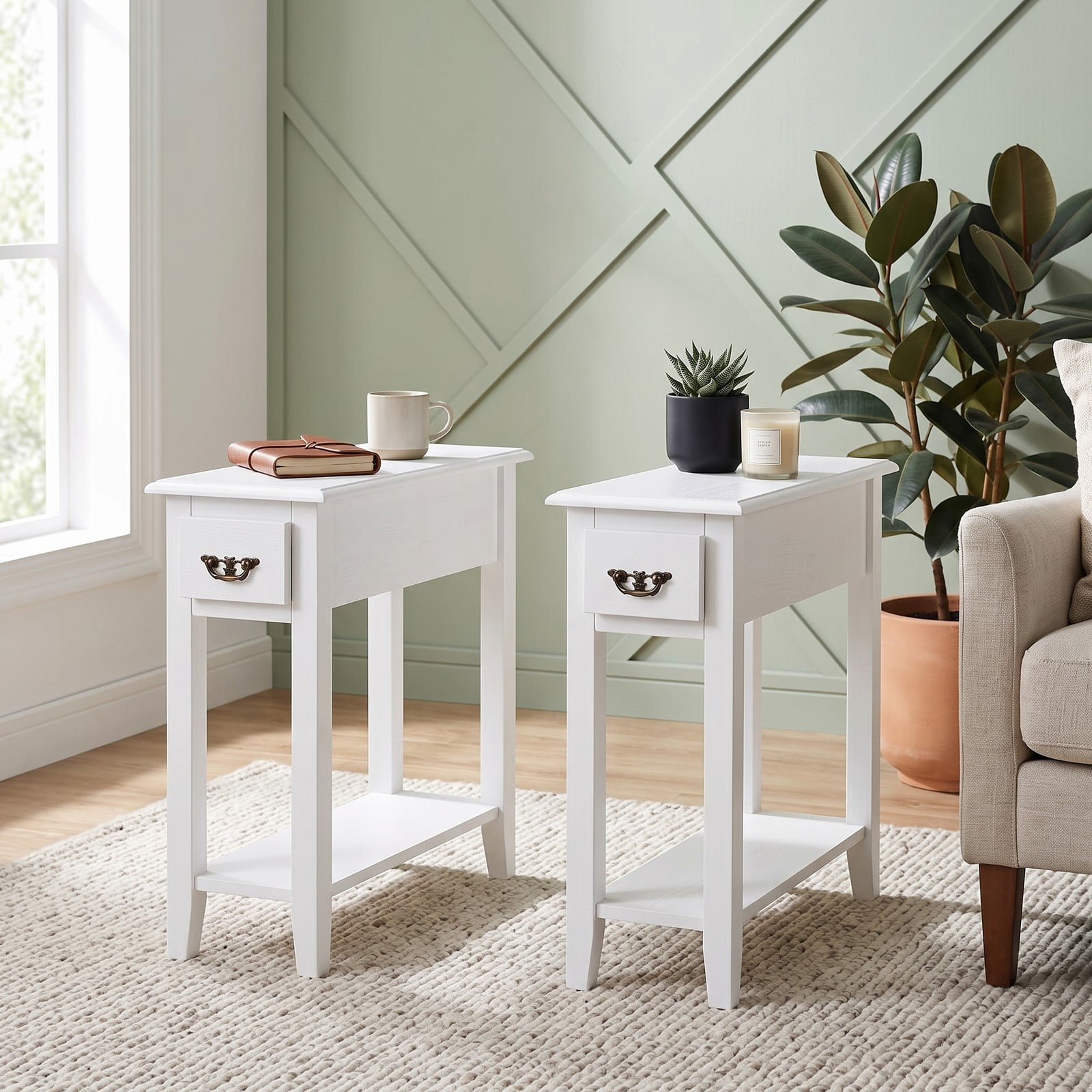 Furnibear 2-Piece Sofa Side End Table Set with Drawer and Open Shelf, 2-Tier Narrow Nightstand Bedside Table for Living Room Bedroom Small Space, MDF and Rubber, White