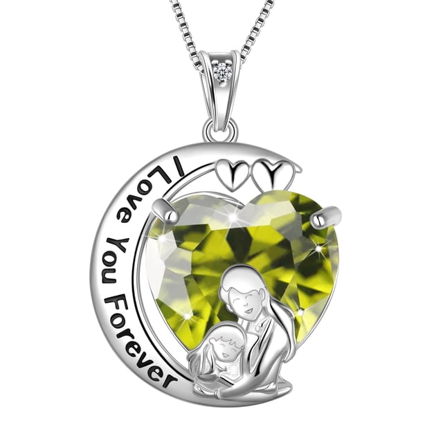 Juwaliy Collar de Luna Amor Corazón Madre Hija Plata Esterlina 925 Peridoto Piedra de Nacimiento de Agosto Dije Joyería Mujer Idea de Regalo de Navidad Cumpleaños para Hija