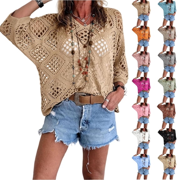 Crochet Cover Up Tops for Women Summer Short Sleeve Hollow Out Sweater Shirts Boho Beach Swimsuit Coverups
